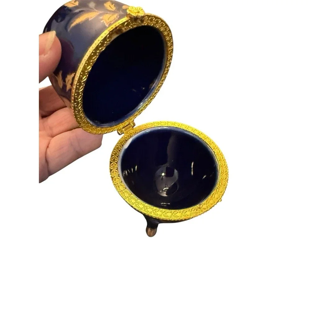 Cobalt Blue Porcelain Egg Form Trinket Box w/ Flowers Decoration
